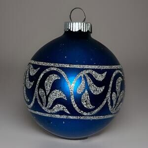 Shiny Brite Blue Ornament Stencil Glitter Mica Vine Vtg MCM Glass Christmas Ball